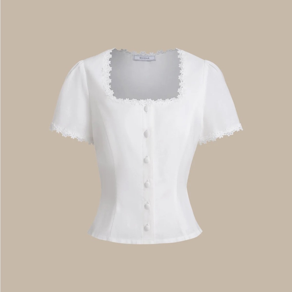 Rihoas White Square Neck Button Lace Blouse - Picture 6 of 9